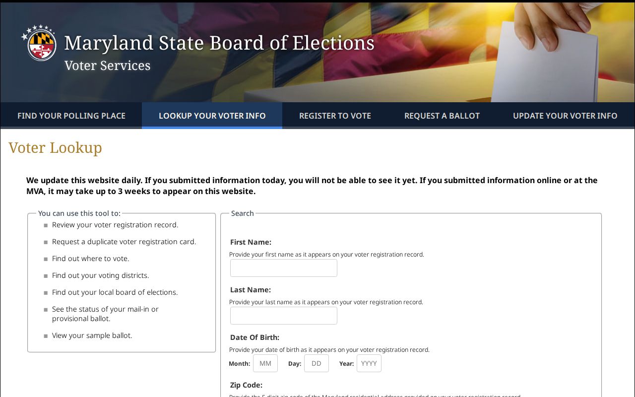 Pasadena voter registration records lookup fields in Maryland